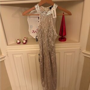 BRAND NEW CBR silver sequined mini dress- sz M yoke halter